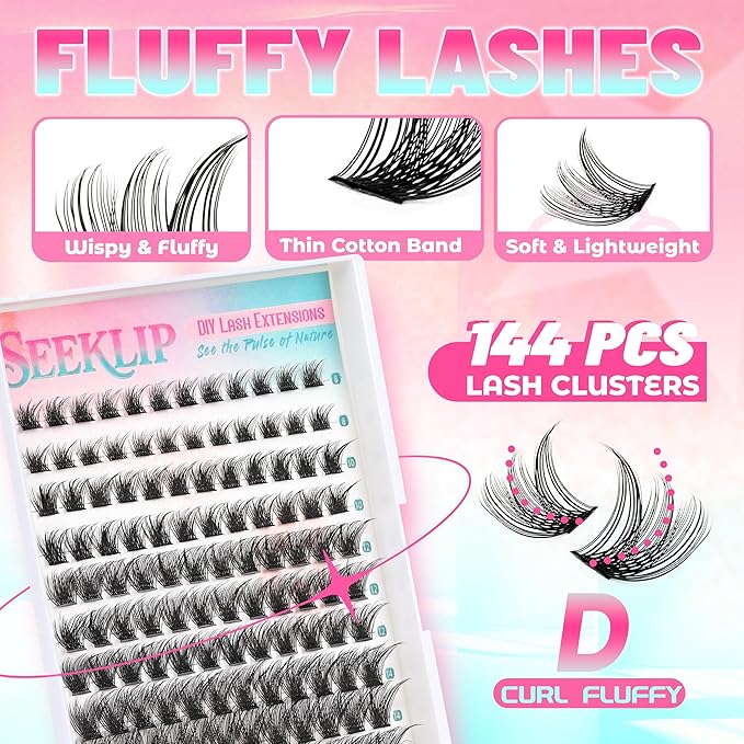 Lash Clusters 144PCS Individual Lashes 8-16MM Mixed Eyelash Clusters D Curl Cluster Lashes Fluffy Cluster Eyelash Extensions DIY Eyelashes Extension at Home (Fluffy-D)