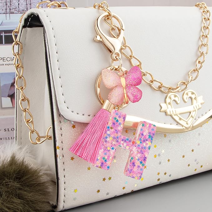 Suweibuke Cute Pink Key Chains for Women Girls, Initial Letter Keychains with Tassel, Charms for Key Purse Handbags Backpacks