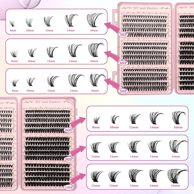 Gmagictobo Lash Clusters Wispy Lash Clusters Kit 570Pcs Lash Extension Kit Volume DIY Individual Lashes Clusters Thin Band Eyelash Extension Kit Lash Glue Lash Tweezers
