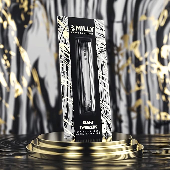 By MILLY Professional Slanted Tweezers for Women & Men | High Carbon Stainless Steel Sharp Tweezer | Tweezers for Women Facial Hair Plucking, Hand-Filed & Aligned Precision Slant Tips - Silver