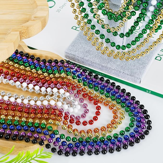 200PCS Mardi Gras Beads, Metallic 12 kinds Bead Necklace Party Favors, 33" Mardi Gras Necklace Bulk Accessories Stuff, Festival Parade Throw for Wedding Birthday Mardi Gras Celebrations Decorations