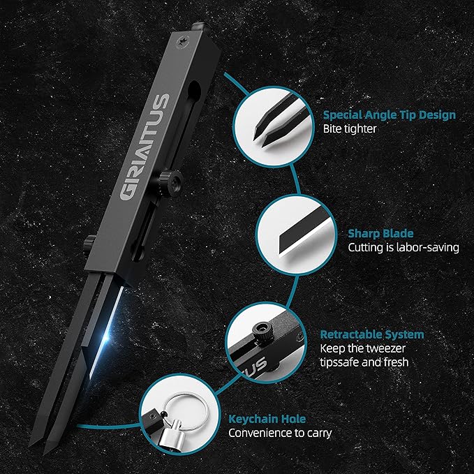 EDC Pocket Knife 2 in1 Keychain Tweezers Precision Multitool Box Cutter Retractable Multi Tool Utility Knife Portable for Splinters, Craft, Jewelry, Soldering, Outdoor Work Men Women Gift (Black)
