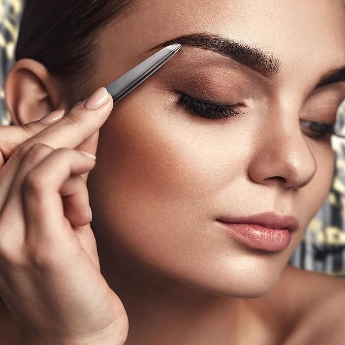 By MILLY Professional Slanted Tweezers for Women & Men | High Carbon Stainless Steel Sharp Tweezer | Tweezers for Women Facial Hair Plucking, Hand-Filed & Aligned Precision Slant Tips - Silver