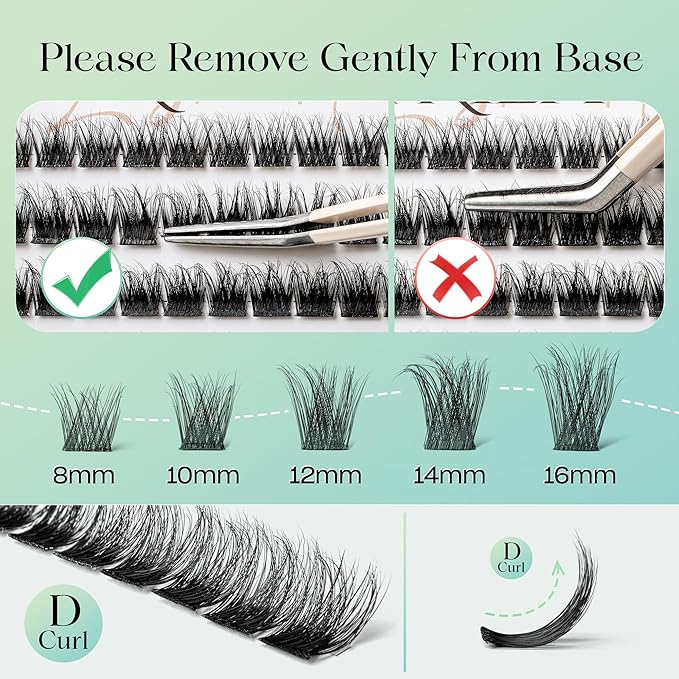 VYRILA Lash Clusters 0.05mm Individual Lashes, 3D Wispy Lashes Clusters, 0.1mm Super Thin Band Resuable Natural Lashes,D Curl Faux Mink Lashes,180pcs Lash Extension (Green Lushy-C-0.05-8-16mix)