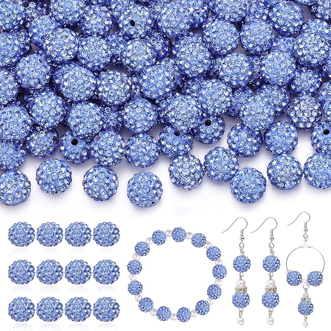 120pcs 10mm Rhinestone Beads for Jewelry Making, Light Blue Shiny Round Shamballa Disco Ball Beads Bulk, Sparkle Crystal Clay Christmas for Bracelet Baseball Necklace Earring Crafting and DIY