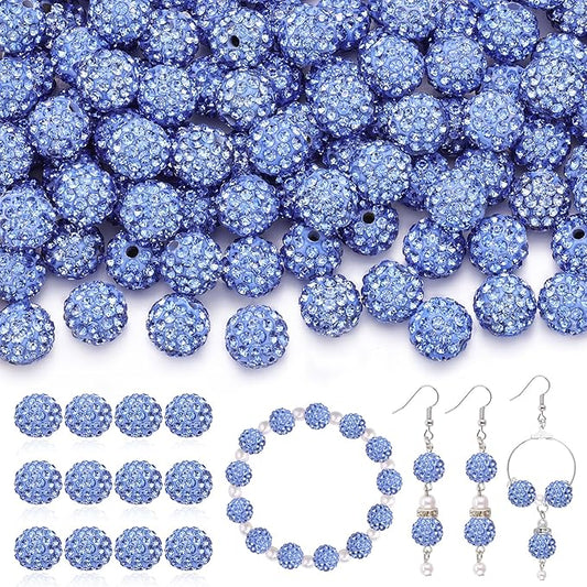 120pcs 10mm Rhinestone Beads for Jewelry Making, Light Blue Shiny Round Shamballa Disco Ball Beads Bulk, Sparkle Crystal Clay Christmas for Bracelet Baseball Necklace Earring Crafting and DIY