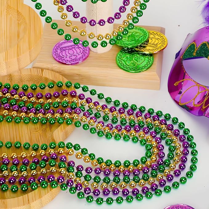 EOBOH 200PCS Mardi Gras Beads, Mardi Gras Green Purple Gold Metallic Beads Necklaces Accessories Bulk, Carnival Mardi Gras Beads Costumes Women Men for Parade Throws Party Decorations Favor Supplies