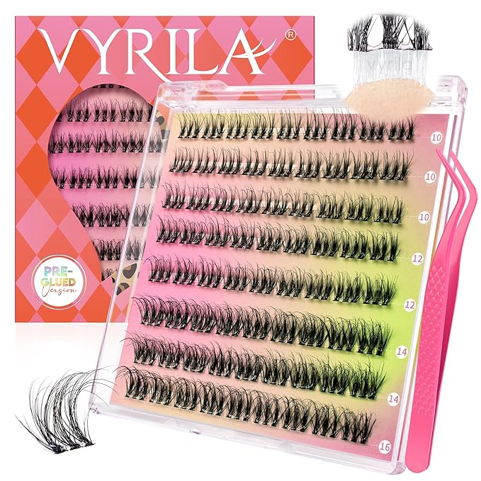 VYRILA Self Adhesive Lash Clusters Kit, D Curl Wispy Pre Glued Lash Extensions with Tweezers, Reusable 0.1mm Ultra Thin Band Natural Eyelashes, Easy Apply Eyelash Clusters for Beginners(PG-ZE12)