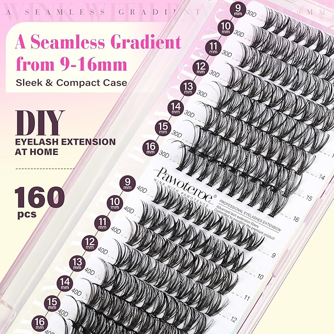 Pawotence Lash Clusters 160pcs Individual Lashes 30D 40D Cluster Eyelash Extensions 9-16mm Eyelash Clusters Lash Extensions DIY for Self Application (30D&40D, 0.07D, 9-16mm)