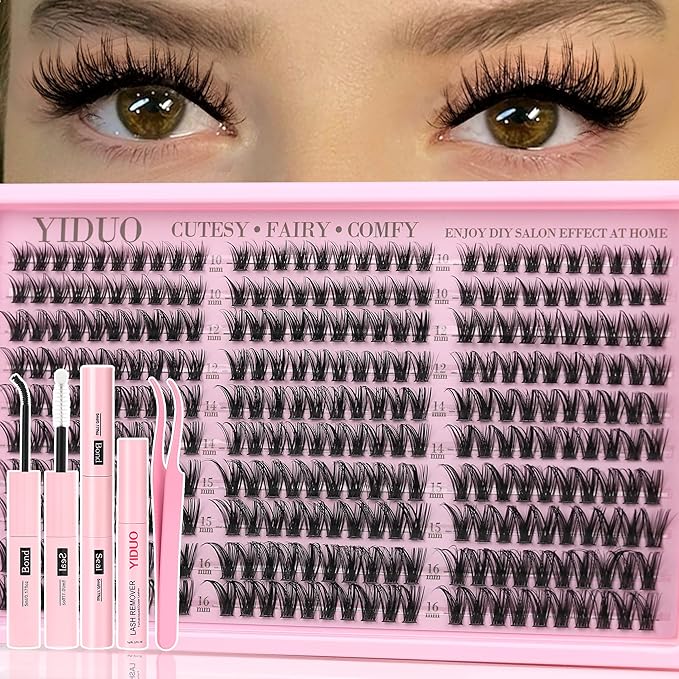 YIDUO Natural Wispy Eyelash Clusters Lashes Clusters Kit 10-16mm DIY Lashes Extension Kit 300pcs C Curl Individual Lashes Cluster with Lash Bond and Seal|Removers|Tweezers