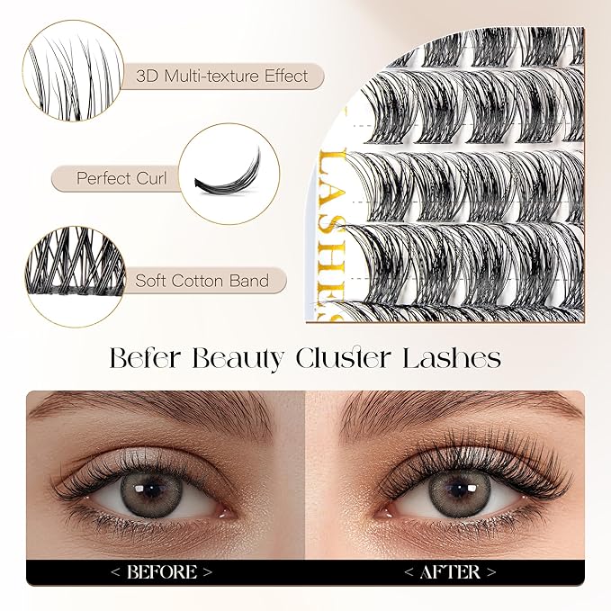 BEFER Lash Clusters, 72 Pcs D Curl Eyelash Super Fluffy Lightweight Individual Lashes 8-16MM Cluster Eyelash Extensions DIY At Home(Serenity,FD27)