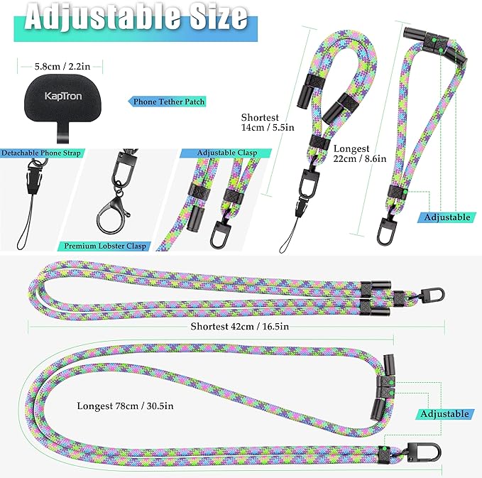 Kaptron 2Pcs Cell Phone Lanyard: Universal Adjustable Crossbody Phone Strap and Wrist Strap, with 2 Lobster Clips and 2 Tether Patches, Compatible with Most iPhone and Android Smartphone (Mixed Green)