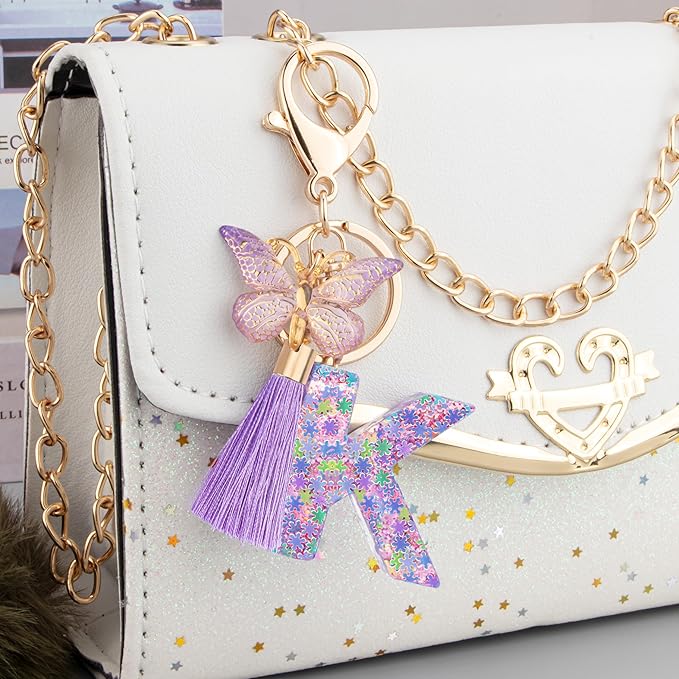Suweibuke Cute Pink Key Chains for Women Girls, Initial Letter Keychains with Tassel, Charms for Key Purse Handbags Backpacks