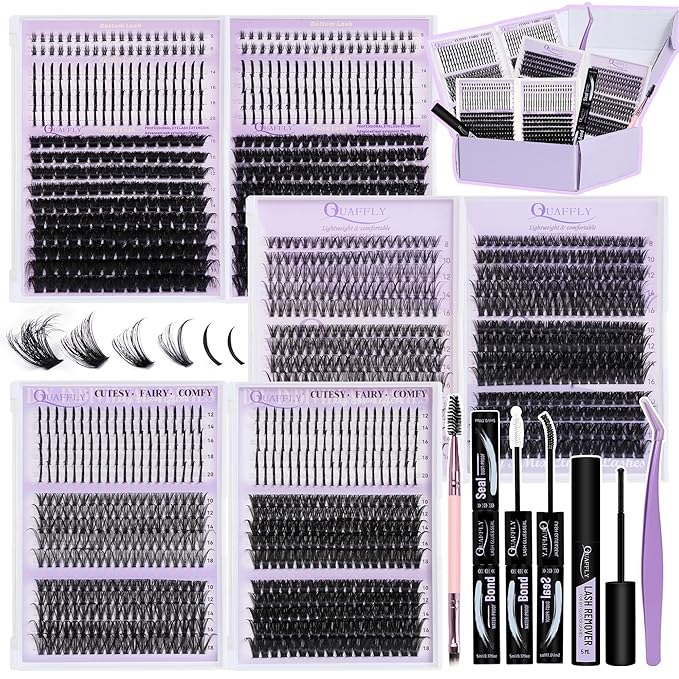DIY Lash Extension Kit 1676Pcs D Curl Individual Spike Manga Lash Clusters Kit with Bottom Lashes, Lash Bond and Seal, Remover, Tweezers,Brush by QUAFFLY