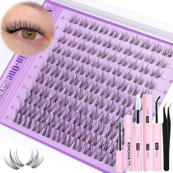 Clear Band Lash Clusters Kit Natural Wispy Lash Extensions Kit 10-14mm DIY Eyelash Extension Kit C-Curly Individual Lashes Kit with Lash Glue Lash Remover Self Application at Home by ALICE