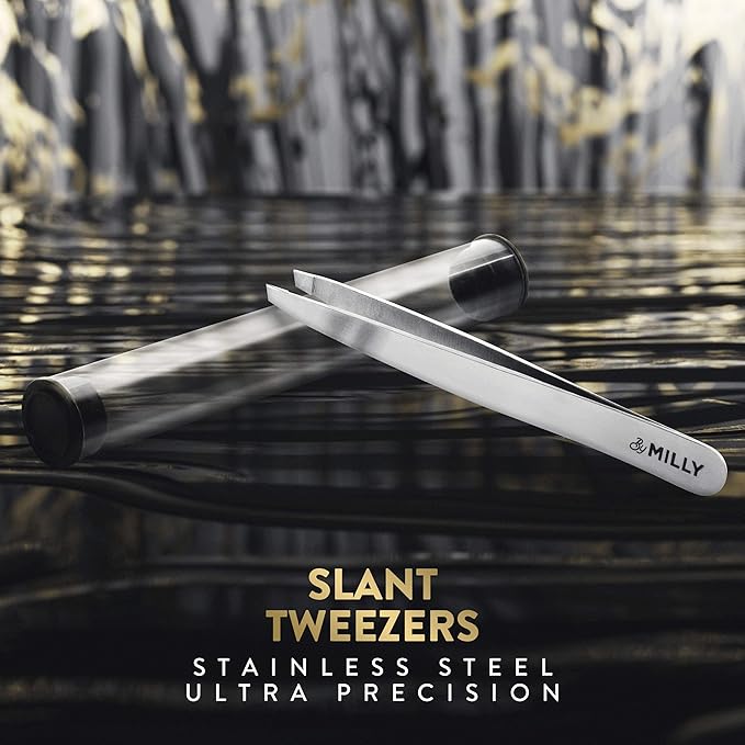 By MILLY Professional Slanted Tweezers for Women & Men | High Carbon Stainless Steel Sharp Tweezer | Tweezers for Women Facial Hair Plucking, Hand-Filed & Aligned Precision Slant Tips - Silver