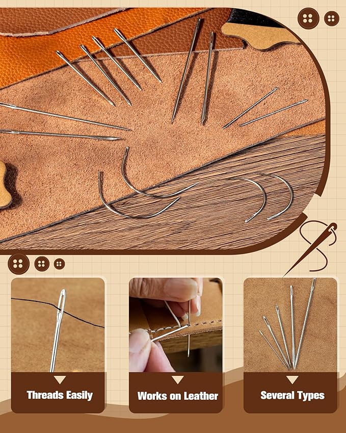 FIVEIZERO Upholstery Repair Sewing Kit, Leather Sewing Kit, 63 Yards Upholstery Thread& 7Pcs Heavy Duty Needles, Leather Thread, Curved Needles for Quilting & Hand Stitching (Brown)