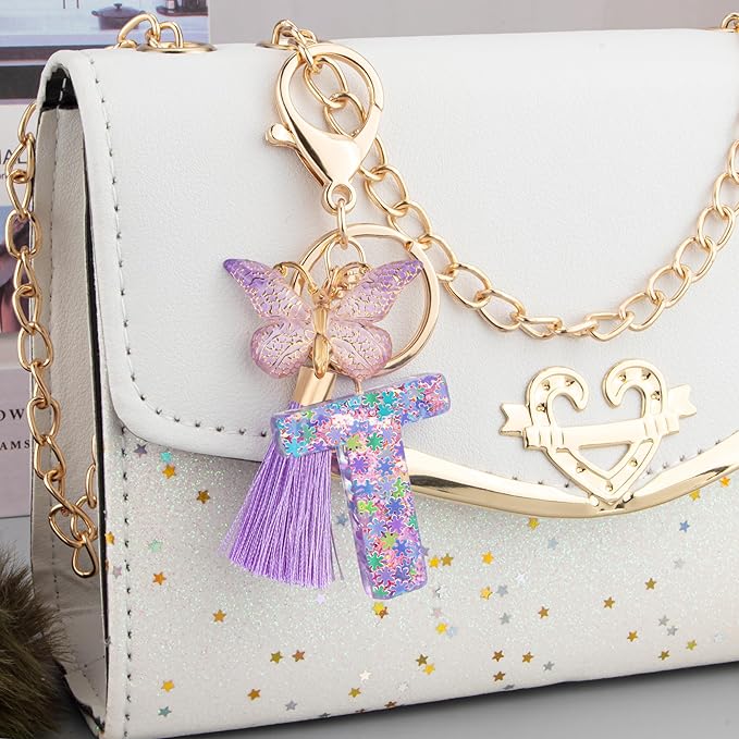 Suweibuke Cute Pink Key Chains for Women Girls, Initial Letter Keychains with Tassel, Charms for Key Purse Handbags Backpacks