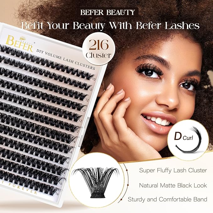 BEFER Lash Clusters, 216 Pcs D Curl All-New Upgrade 100P Eyelash Clusters Volume Individual Lashes Extensions 10-16MM Wispy Eyelash DIY At Home(Upgrade-100P)
