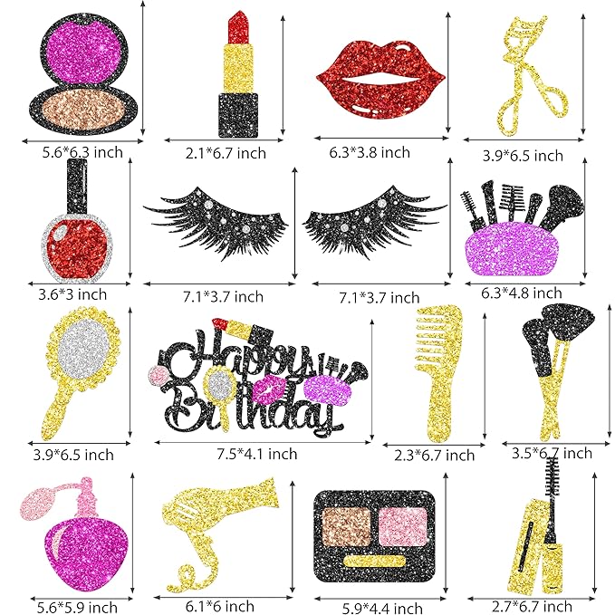 16Pcs Glitter Makeup Party Centerpiece Sticks Spa Makeup Party Decorations Cosmetics Lipstick Eyelashes Perfume Theme Table Centerpiece for Girls Women Birthday Party Party Bridal Shower Supplies