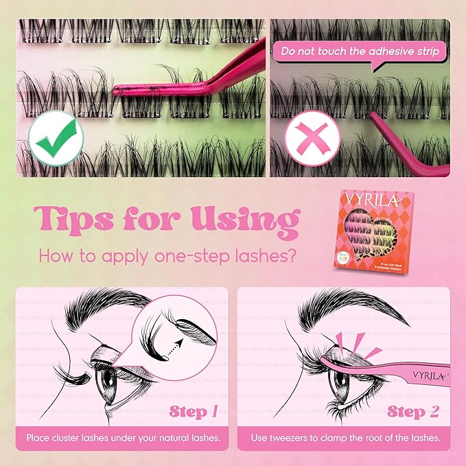 VYRILA Self Adhesive Lash Clusters Kit, D Curl Wispy Pre Glued Lash Extensions with Tweezers, Reusable 0.1mm Ultra Thin Band Natural Eyelashes, Easy Apply Eyelash Clusters for Beginners(PG-ZE13)