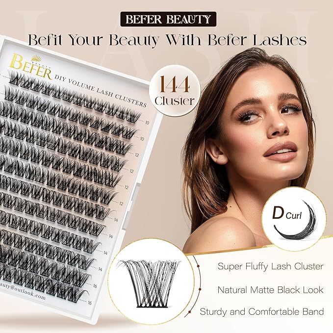 BEFER Lash Clusters, 144 Pcs D Curl Eyelash Clusters Volume Individual Lashes Extensions 10-16MM Fluffy Cluster Eyelash Wispy Cluster Lashes DIY At Home(Radiance,FD03)
