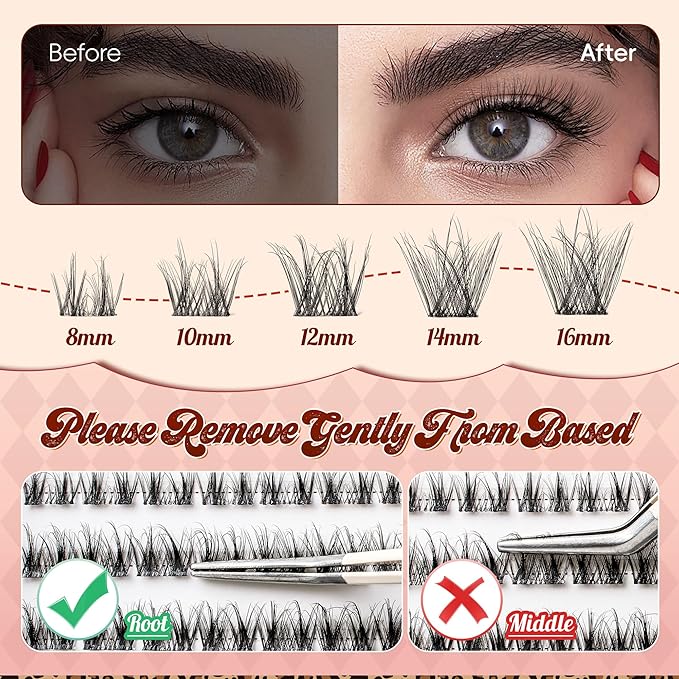 VYRILA Lash Clusters 0.05mm PBT Fiber Eyelash Clusters, 0.1mm Superfine Invisiband D Curl Diy Lash Extension, 80pcs 8-16mm Individual Lashes Clusters Like Eyelash Extensions (Twilight-D-8-16Mix)