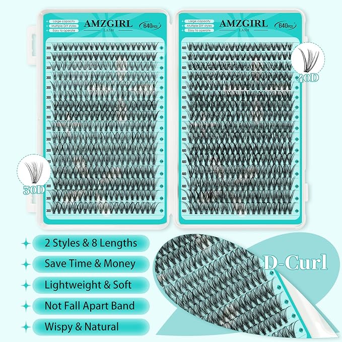 Lash Clusters 2 Style Cluster Lashes 640PCS Eyelash Extension 30D+40D Cluster Lashes Individual Lashes DIY Lash Extension Natural Black Cluster Eyelash Extensions at Home for Beginners(D-Mix9-16mm)