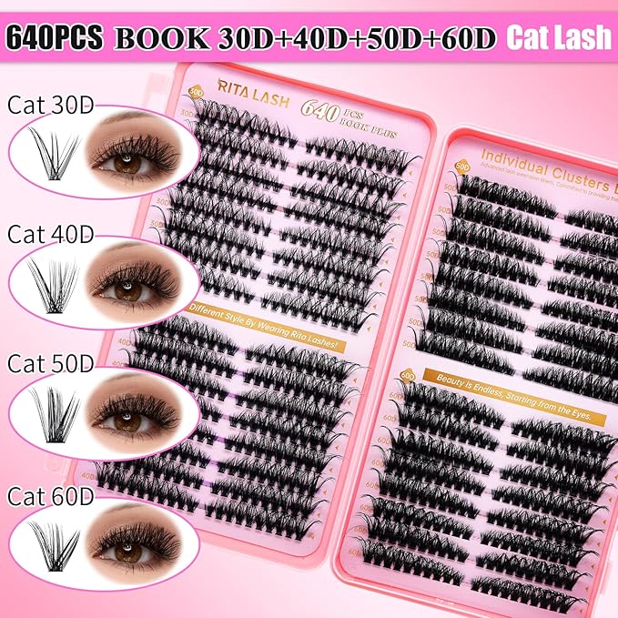 Lash Clusters Kit Eyelash Clusters Kit Cat Eye Lashes Large Pack Cluster Eyelash Extensions Lash Extension Kit Pestañas Postizas Naturales with Lash Bond&Seal,Remover,Tweezers,Cleanser(Lash Kit-5)