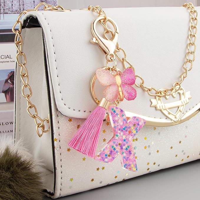 Suweibuke Cute Pink Key Chains for Women Girls, Initial Letter Keychains with Tassel, Charms for Key Purse Handbags Backpacks