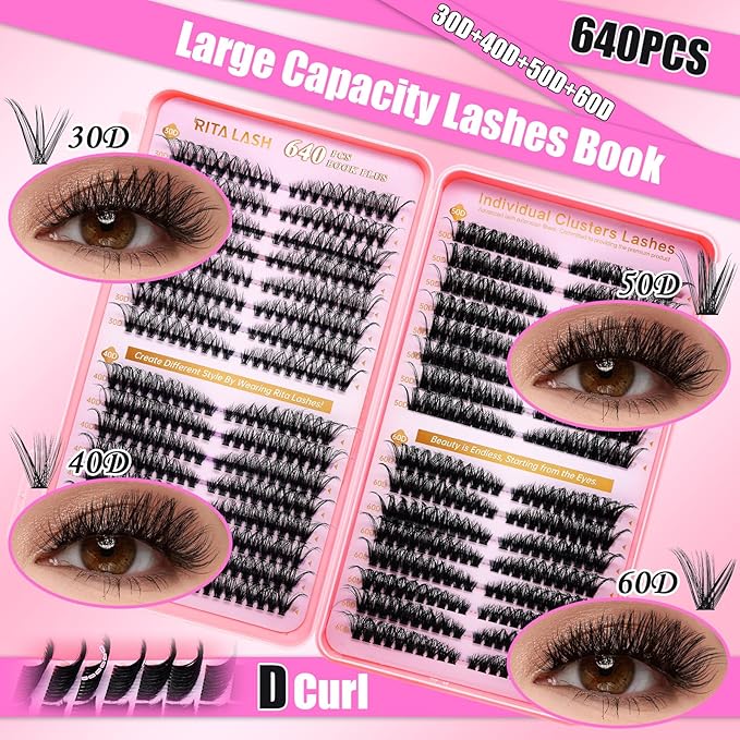 Lash Clusters Kit Eyelash Clusters Kit 3D Effect Cluster Eyelash Extensions Large Pack Cat Eye Lashes Clusters Lash Extension Kit Pestañas Postizas Naturales+Lash Bond&Seal,Remover,Tools(Lash Kit-9)