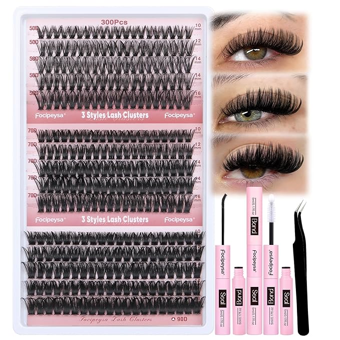 Focipeysa Eyelash Extension Kit 300pcs Lash Extensions 50D 70D 90D Eyelash Extension Full Volume Lash Clusters 10-16mm DIY Lash Extension with Waterproof Lash Bond and Seal for Makeup