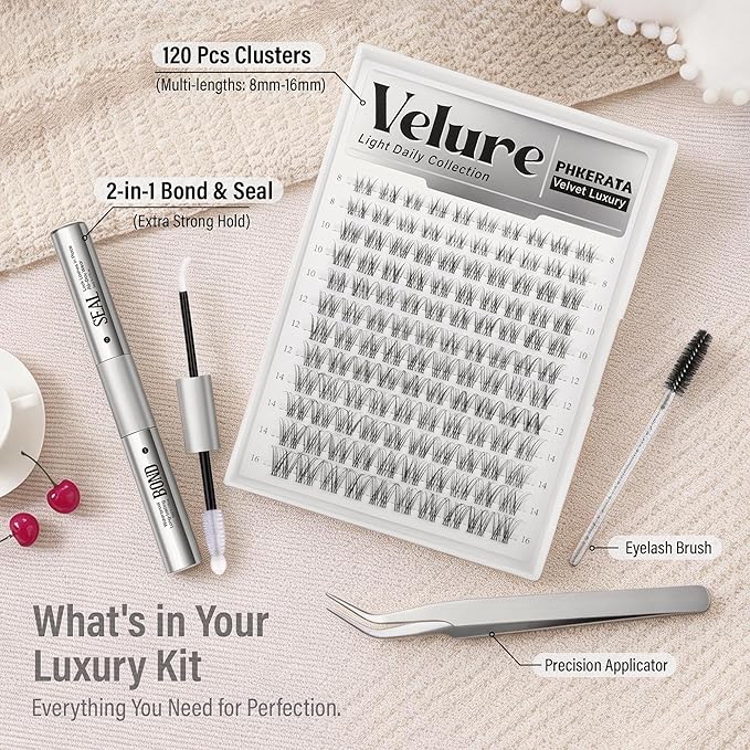 PHKERATA Velure Lash Clusters Kit Natural Eyelash Clusters Wispy Lash Extension Kit Invisible Clear Band Lashes DIY Cluster Eyelash Extensions with Bond and Seal Tweezers, 8-16mm, 120Pcs