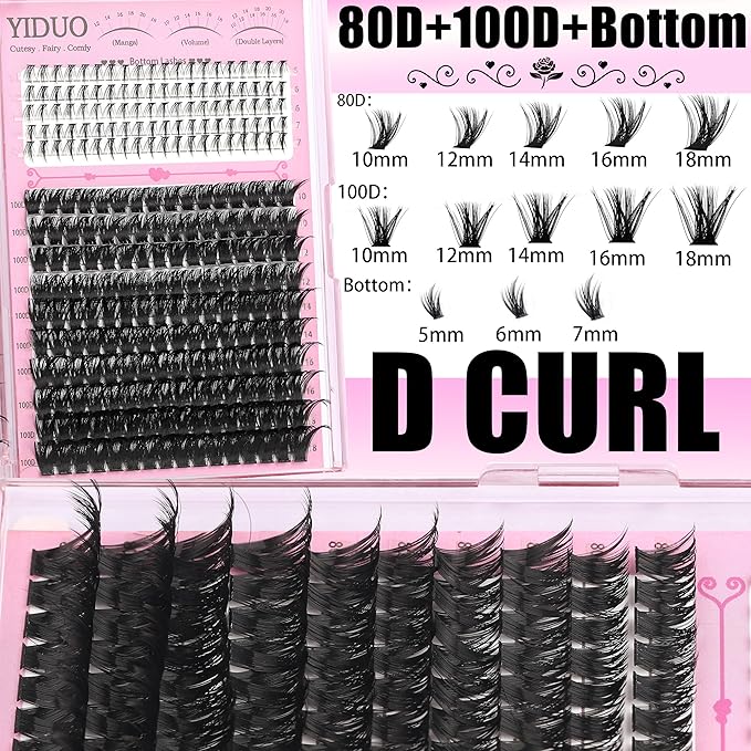 YIDUO 6 Styles Mix Lashes Clusters Kit 3 Box Cluster Lash Book Kit with 2X Bond&Seal 1520Pcs 100D/200D/300D Volume Individual Eyelash Extension Gift Packs for Beginners. DIY at Home Easily