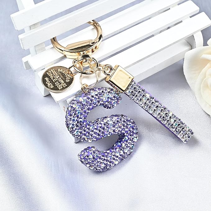 Pink Blue White Initial Letter Keychain Gift for Women Girls Bling Sparkly Cute Backpack Car Key Accessories Lanyard