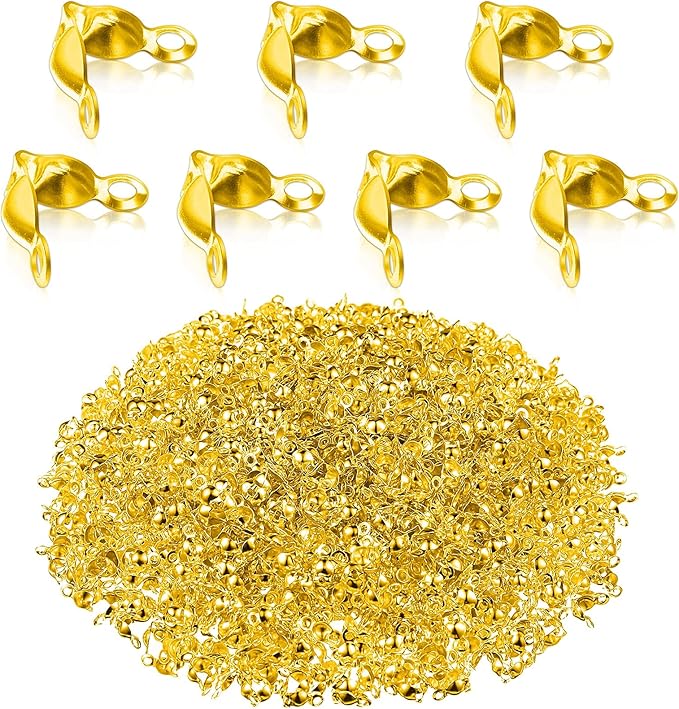 Syhood 1400 Pieces Bead Tips Knot Covers Bulk Clamshell Bead Tips for Jewelry Making Open End Caps Knot Covers for DIY Bracelet Necklaces Earrings Keychains(Gold)