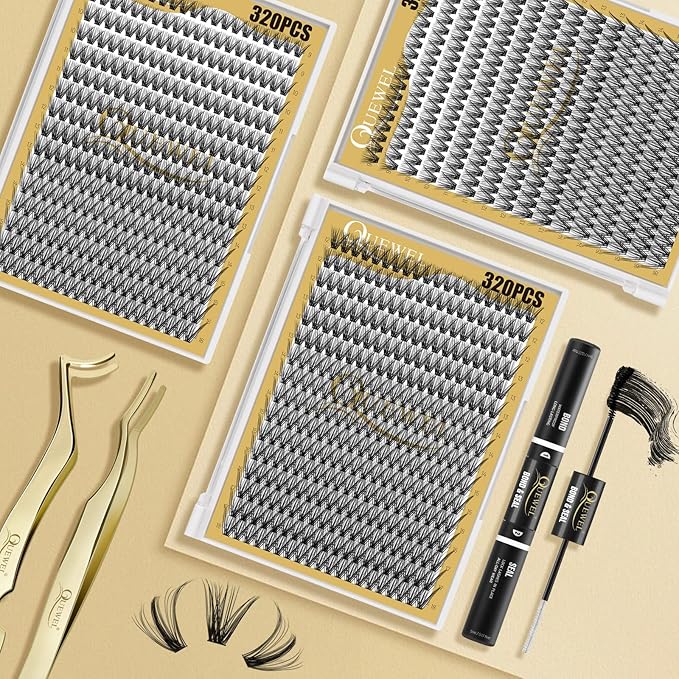QUEWEL Lash Clusters 320Pcs Cluster Lashes 40D D Curl Lash Cluster Eyelash Extensions Mix12-18mm Individual Eyelashes Clusters Wispy Lash Clusters Thin Band Soft to Use at Home(40D D Mix12-18)