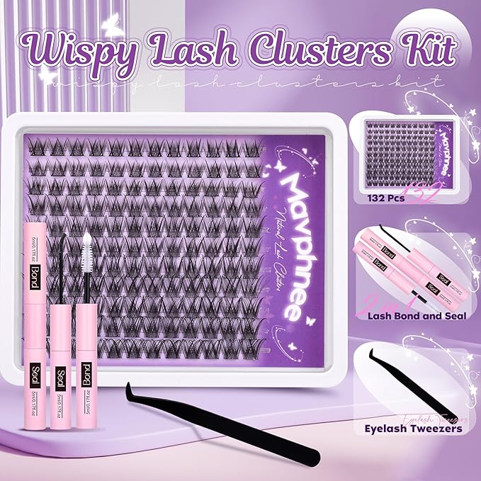 Wispy Lash Clusters Kit Natural Cluster Eyelash Extensions Kit DIY Lash Extensions Kit CC-Curly Clean Makeup 10-16MM Beginner-Friendly Lash Bond and Seal Kit 132Pcs