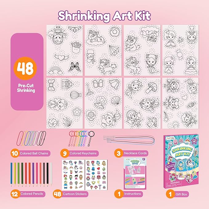 Auihiay DIY Shrinking Art Kit for Kids, 48Pcs Pre-Cut Charms, Unicorn, Princesses Shapes, No Mess Creative Activity Jewelry Making Shrinky Art Kit with Pencils, Keychains, and Cartoon Stickers