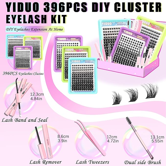 YIDUO 3 Styles Lash Clusters Kit Bulk Packs with 2×Bond&Seal Volume/Manga/ultra/Dramatic Eyelash Extensions 8-18mm lashes Clusters Kit Wispy D Curl Individual Fake Eyelashes Kit DIY at Home Easily