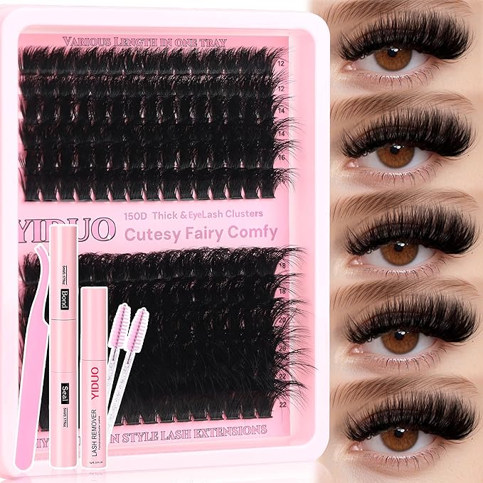 YIDUO Lashes Clusters Kit 150D 12-22MM D Curl Volume Wispy EyeLash Extensions Kit 180pcs Thick Individual DIY false eyelashes Extension with Bond and Seal |Tweezers |Removers |Eyelash Brush