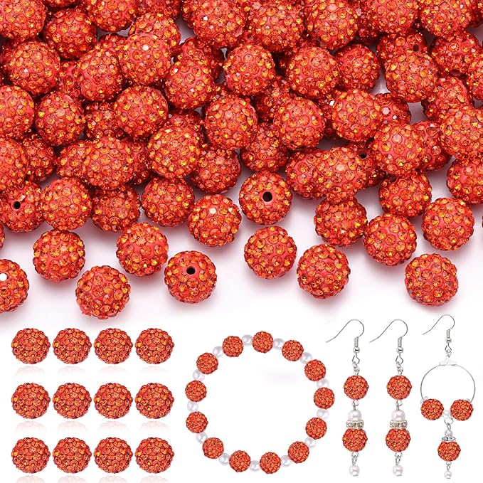 200 Pcs Orange Rhinestone Beads for Jewelry Making, Sparkle Crystal Clay Christmas for Bracelet Baseball Necklace Earring Crafting and DIY, Shiny Round Shamballa Disco Ball Beads Bulk