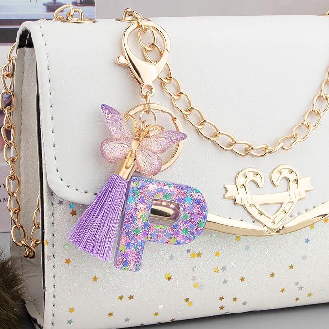 Suweibuke Cute Pink Key Chains for Women Girls, Initial Letter Keychains with Tassel, Charms for Key Purse Handbags Backpacks