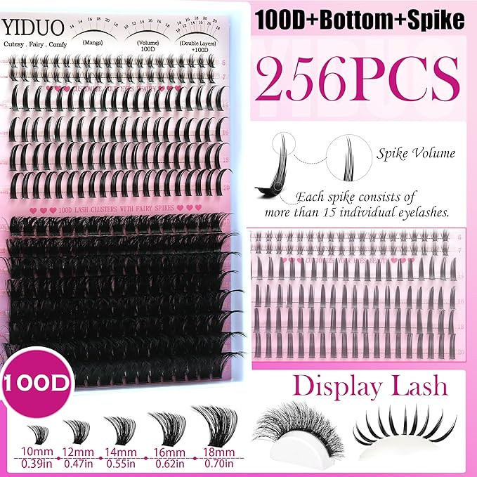 YIDUO Lashes Clusters Kit Bottom Lashes with Spikes 100D Cluster Eyelash Extensions Kit 10-120mm D Curl Volume Manga DIY Individual Strips Lashes Thick with Lash Bond and Seal Tweezers Remover