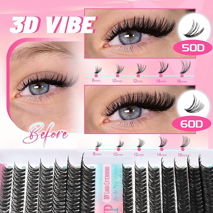 Lash Clusters Fluffy Eyelash Extensions 280Pcs 50D 60D Volume Individual Lashes DIY Lash Extensions D Curl Wispy Natural 8-16MM Mixed Clusters Lashes (50D+60D)