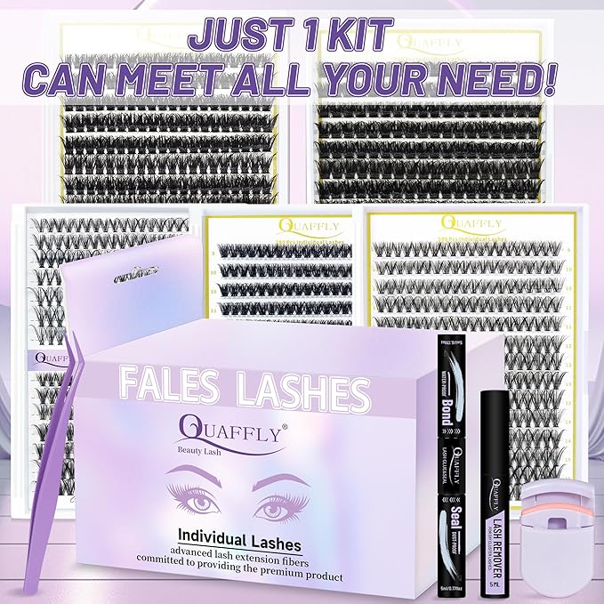 QUAFFLY 5-Pack False Eyelashes Kit with Lash Glue & Seal, Remover, Tweezers, Curler | Professional Lash Extension Set for Natural/Dramatic Look, Reusable, Salon & Home Use