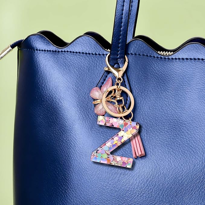 Fashion Alphabet Initial Letter Keychain Tassel Butterfly Pendant Key Ring for Purse Handbags Women Girl