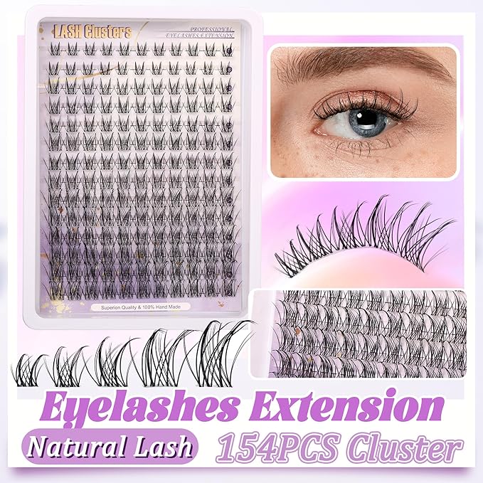 D Curl Lash Clusters Extensions 154 Pcs Individual Eye lash Clusters Natural Cluster Eyelash Lashes Wispy Clusters Lashes Makeup at Home - DIY Lash Extension Kit for Self Application Mix