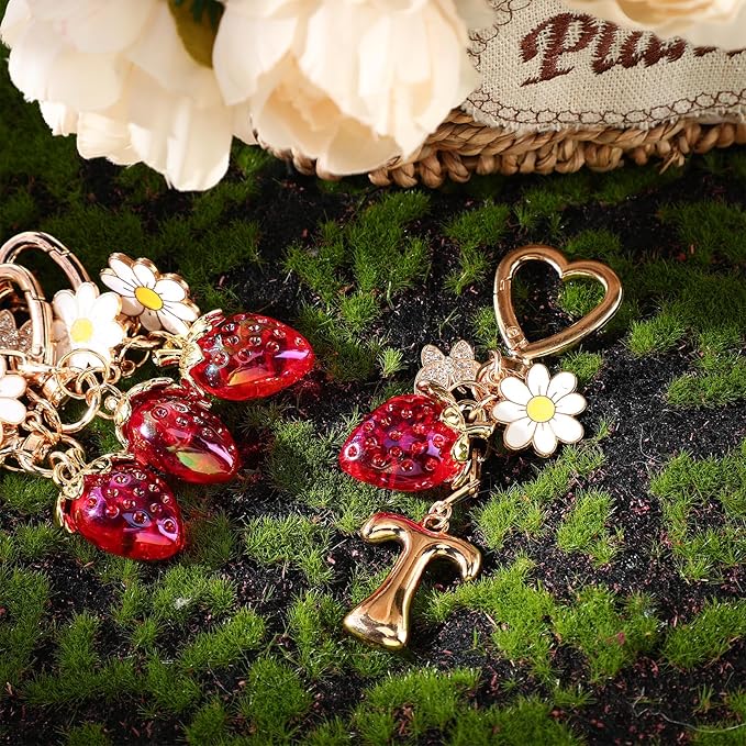Strawberry Initial Keychain for Women-Cute Kawaii Gold Alphabet Bag Charms, Key chain Gift for Purse Handbag