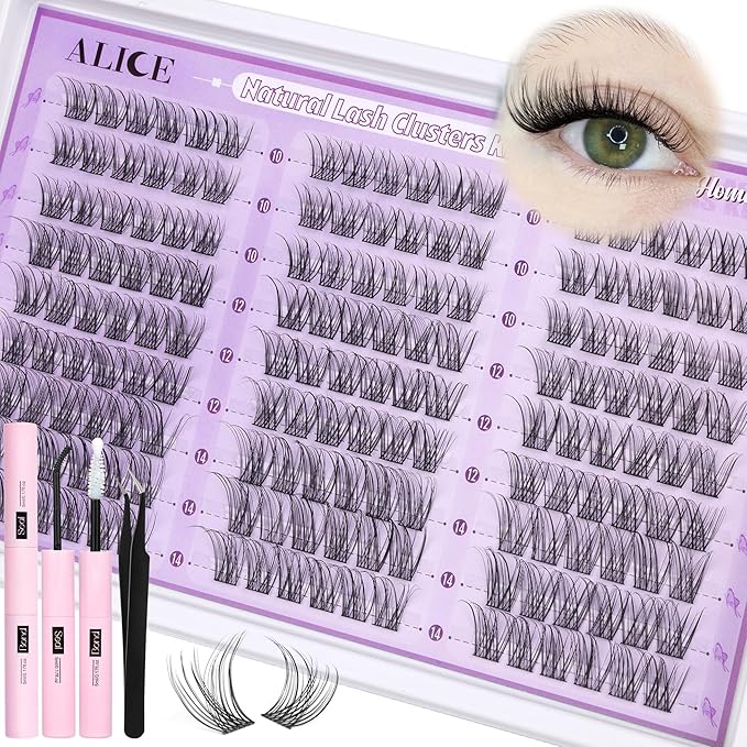 ALICE Wispy Lash Clusters Kit, Natural Lash Extension Kit Cluster Eyelash Extension Kit, 162pcs C-Curly 10-14mm Eyelash Clusters with Lash Glue Bond and Seal Tweezers